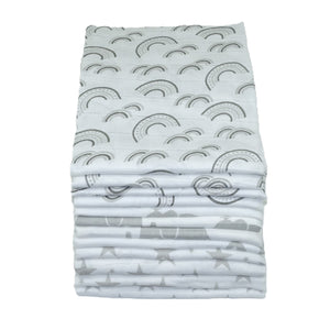 Muslin Squares 12 Pack- Grey Pattern