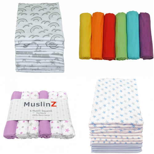 MuslinZ Lot de 6 carrés de mousseline – 6 couleurs et motifs