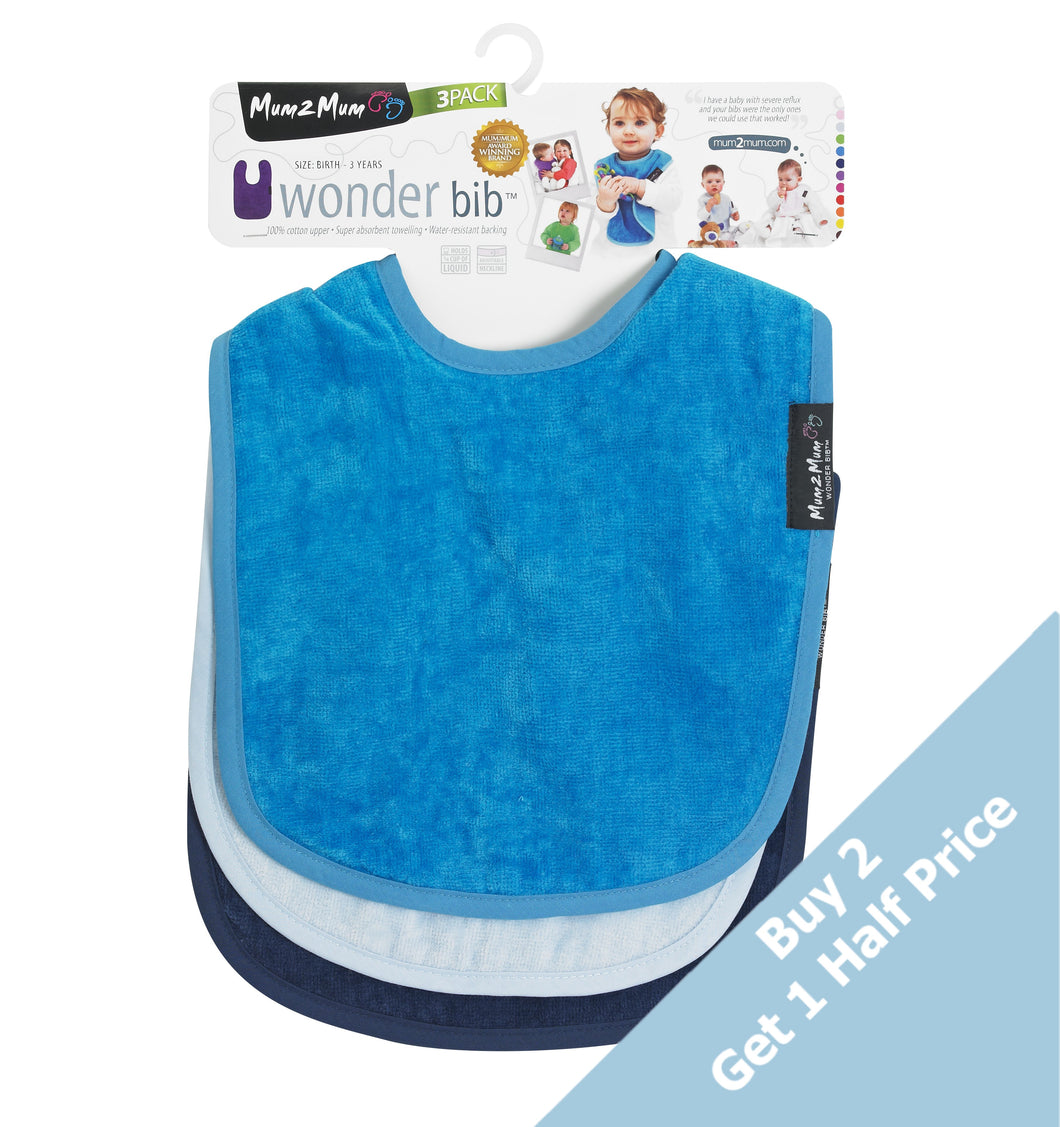 3 PACK - Mum 2 Mum Standard Bibs -  Navy / Baby Blue / Teal